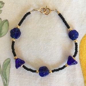 Handmade Black and Blue Flower Cottagecore Bead Bracelet